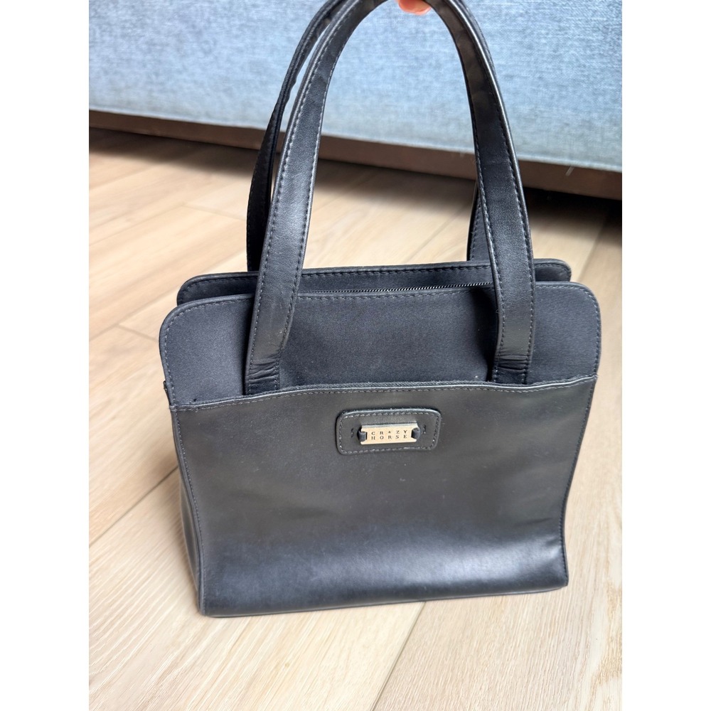 Crazy Horse Black Faux Leather Textile Satchel Handbag Triple Compartment Bag